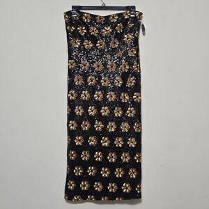 Alex Marie Womens Dress 12 Large Gold Black Strapless Sequin Embroidery Midi 769